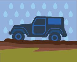 Ilustração mostrando veículo off-road em um lamaçal ou atoleiro com chuva